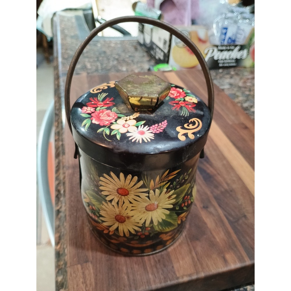 Vintage Murray Allen Floral Confections Tin With Handle 6 Inches England
